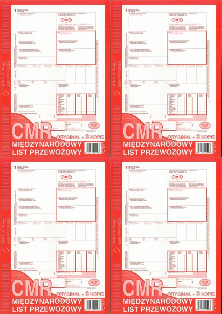 4x Druk akcydensowy CMR Międzynarodowy list przewozowy MP 800-3N, A4, numerowany, 5 kopii, 84k