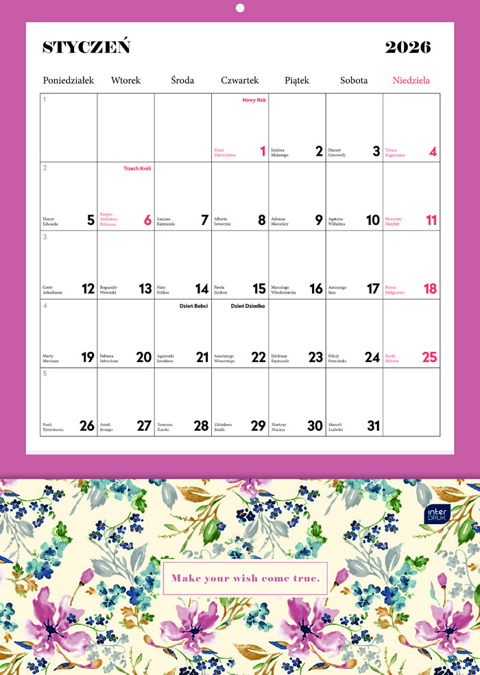 Kalendarz ścienny 2026, Interdruk, z kieszonką, 28x40cm, miesięczny, Blossom