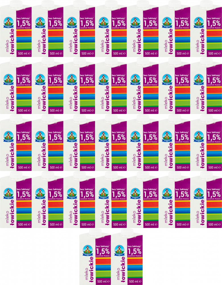 48x Mleko UHT Łowickie Łowicz, bez laktozy, 1.5%, 0.5l