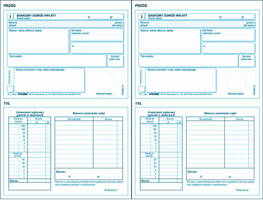 2x Druk akcydensowy Stolgraf Bankowy dowód wpłaty K-5, A6, 100k