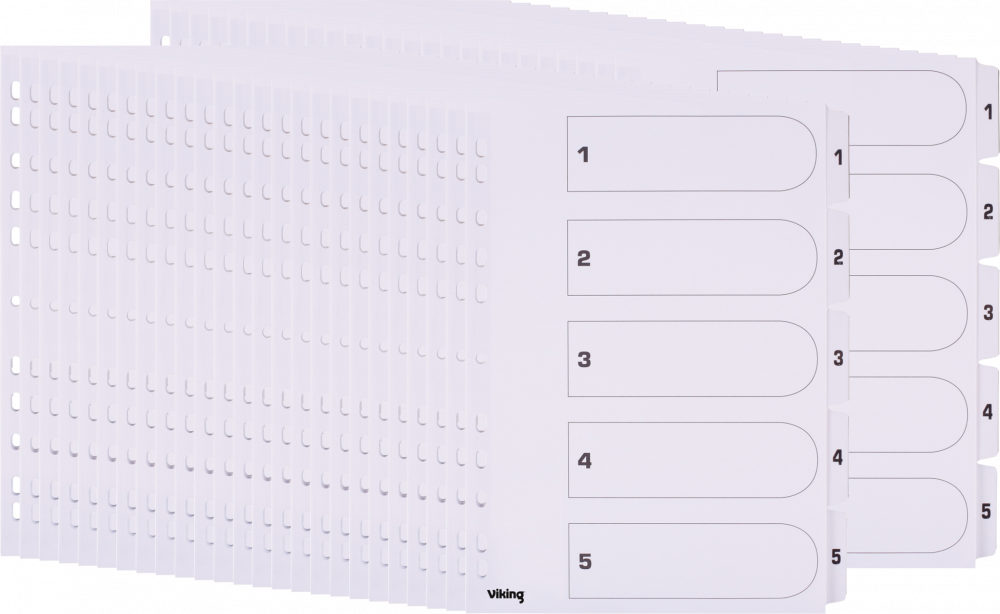 50x Przekładki do segregatora Viking, kartonowe, numeryczne, A4, 1-5 kart, biały