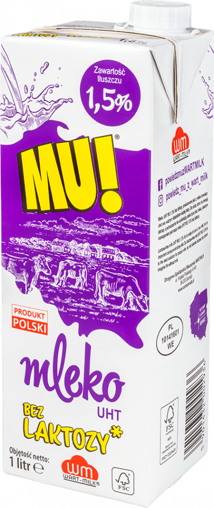 Outlet: USZKODZONE OPAKOWANIE Mleko UHT Wart-Milk MU!, bez laktozy, 1.5%, 1l