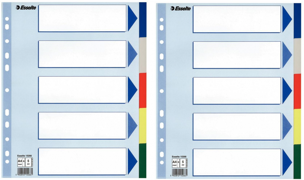 2x Przekładki do segregatora Esselte, plastikowe, A4+, 5 kart, mix kolorów