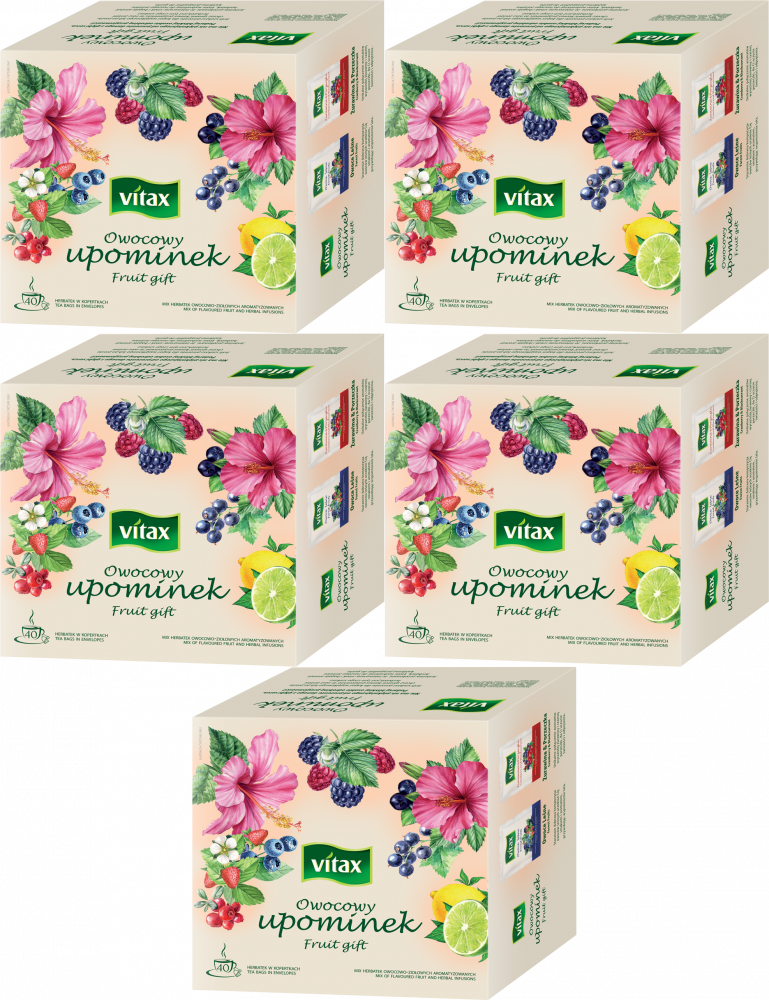 5x Zestaw herbat owocowo-ziołowych w kopertach Vitax Owocowy Upominek, 4 smaki, 40 sztuk x 2g