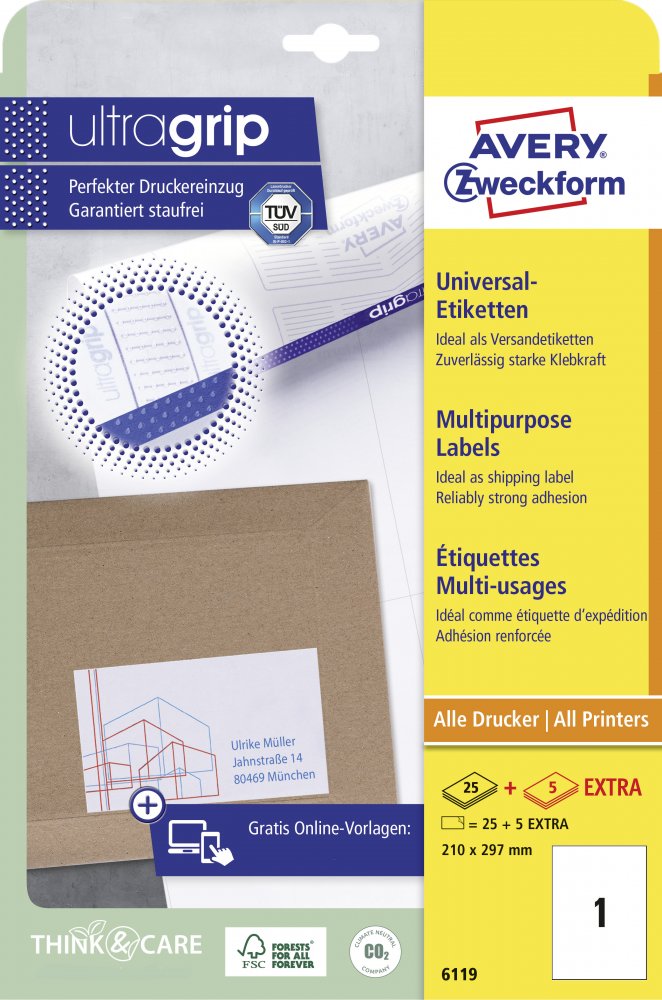 Etykiety samoprzylepne Avery Zweckform, 210x297mm, 25 arkuszy + 5 gratis, biały