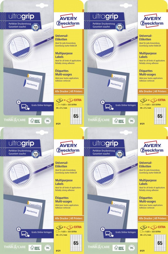 4x Etykiety samoprzylepne Avery Zweckform, 38x21,2mm, 25 arkuszy + 5 gratis, biały