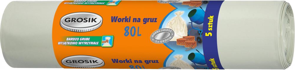 Worki na śmieci Grosik, na gruz, 80l, 5 sztuk, szary