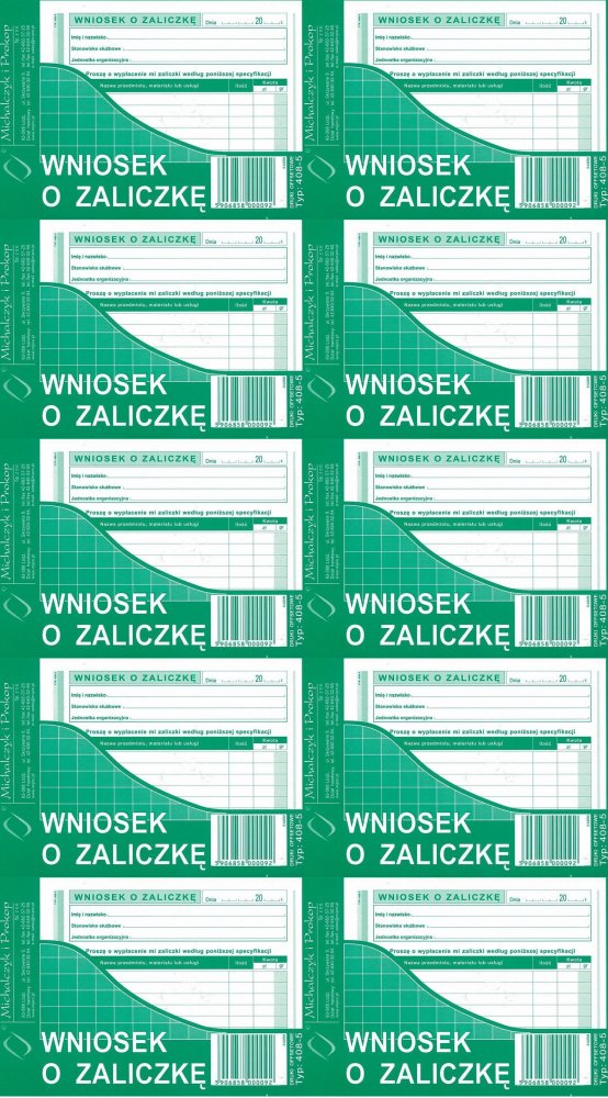 10x Druk akcydensowy Wniosek o zaliczkę MiP 408-5, A6, offsetowy, 40k