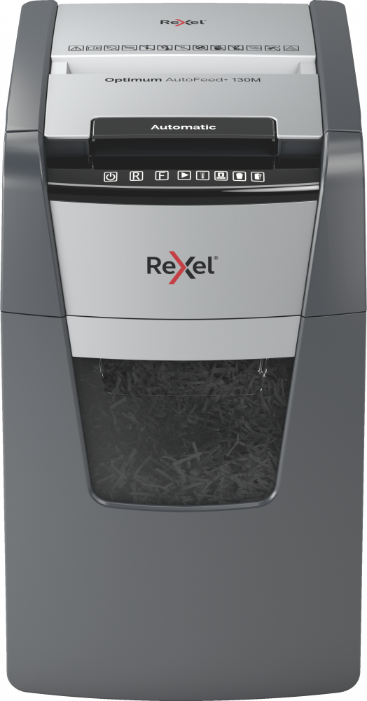 Niszczarka do papieru automatyczna Rexel Optimum AutoFeed+ 130M, mikrościnek 2x15 mm, 130 kartek, P-5 DIN, czarno-srebrny