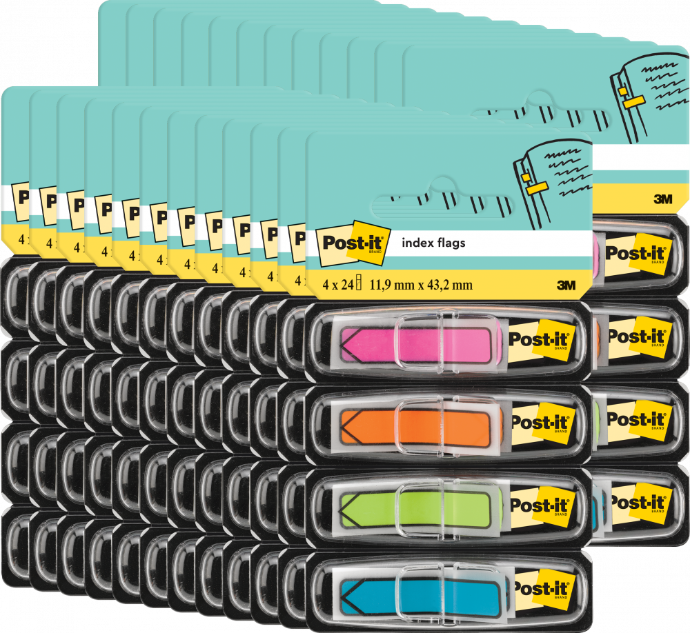 24x Zakładki samoprzylepne Post-it proste, z nadrukiem strzałki, indeksujące, folia, 12x43mm, 4x24 sztuki neonowe
