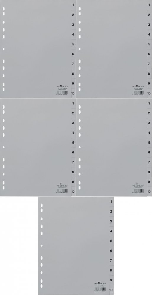 5x Przekładki do segregatora Durable, plastikowe, numeryczne, A4, 1-10 kart, szary