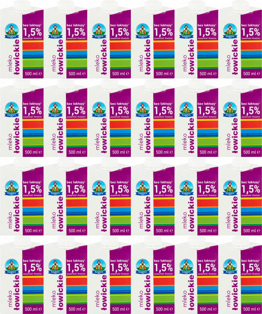 24x Mleko UHT Łowickie Łowicz, bez laktozy, 1.5%, 0.5l