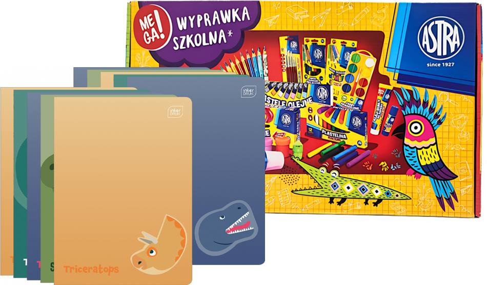 Zestaw: Wyprawka szkolna dla klas 1-3 Astra Pixel One (L), 21 elementów + 10x Zeszyt w kratkę Interdruk UV Dinozaurus, A5, 16 kartek, mix wzorów