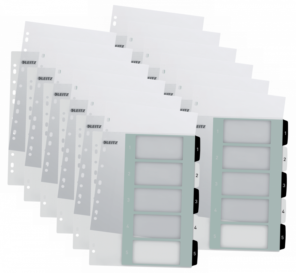 12x Przekładki do segregatora Leitz Wow, plastikowe, numeryczne, A4+, 1-5 kart, do zadruku, biało-czarny