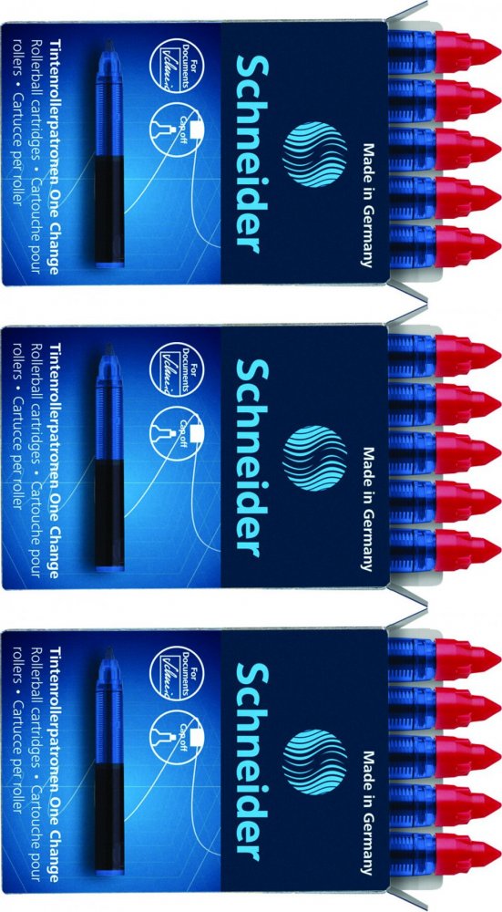 3x Kartridże Schneider One Change, do piór kulkowych, 0.6mm, 5 sztuk, czerwony