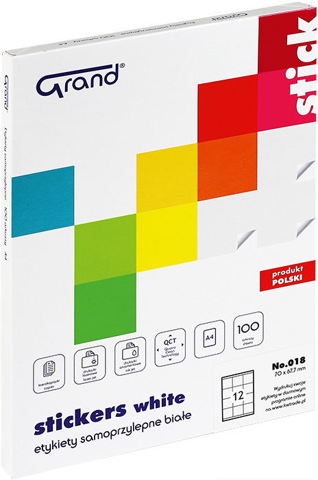 Etykiety samoprzylepne Grand No.018, 70x67.7mm, 100 arkuszy, biały