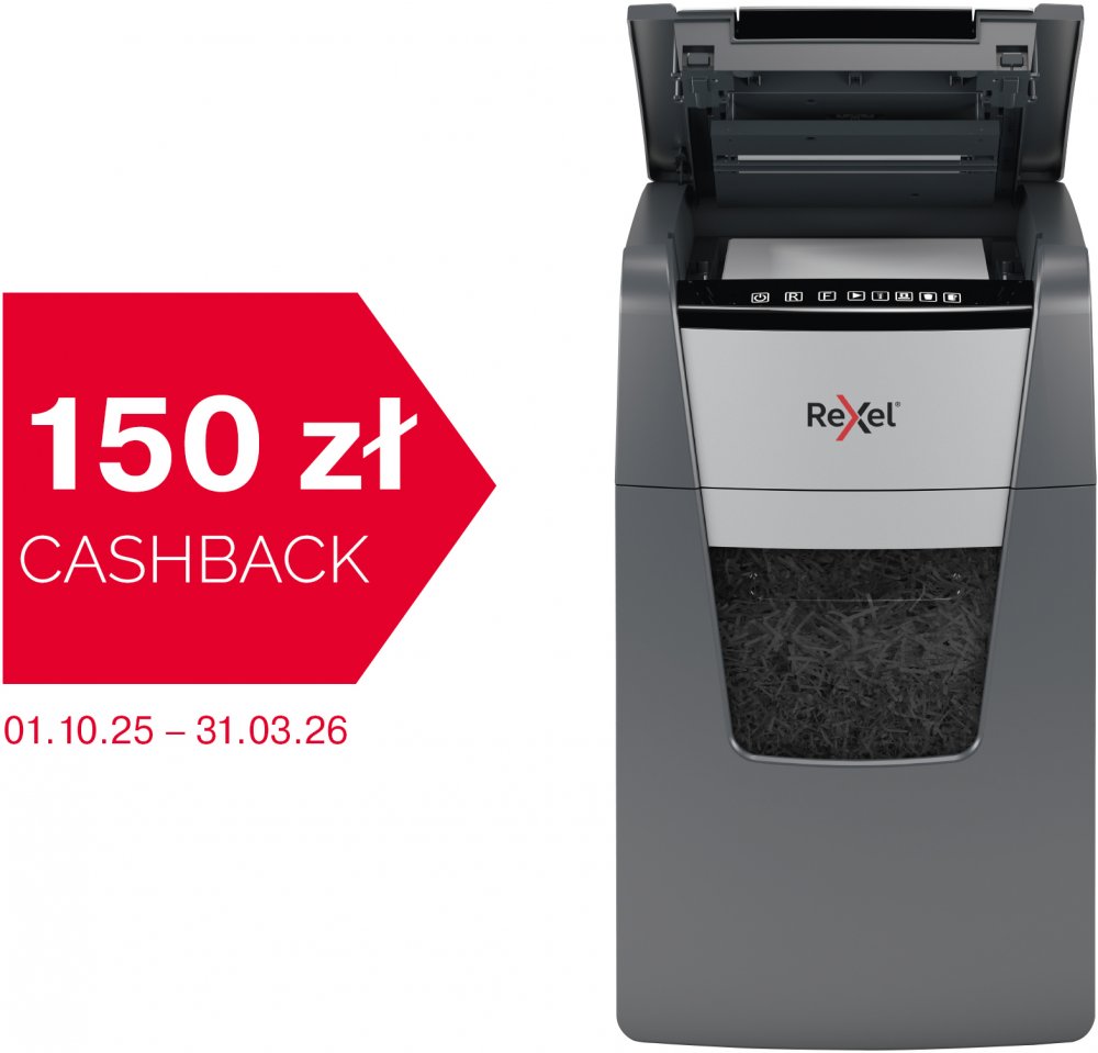 Niszczarka automatyczna Rexel Optimum AutoFeed+ 150M, mikrościnek 2x15 mm, 150 kartek, P-5 DIN, czarno-srebrny