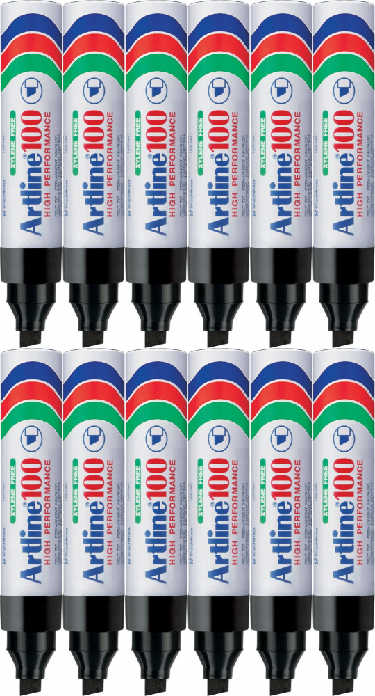 12x Marker permanentny Artline AR-100, napełnialny, ścięta, 7.5–12 mm, czarny