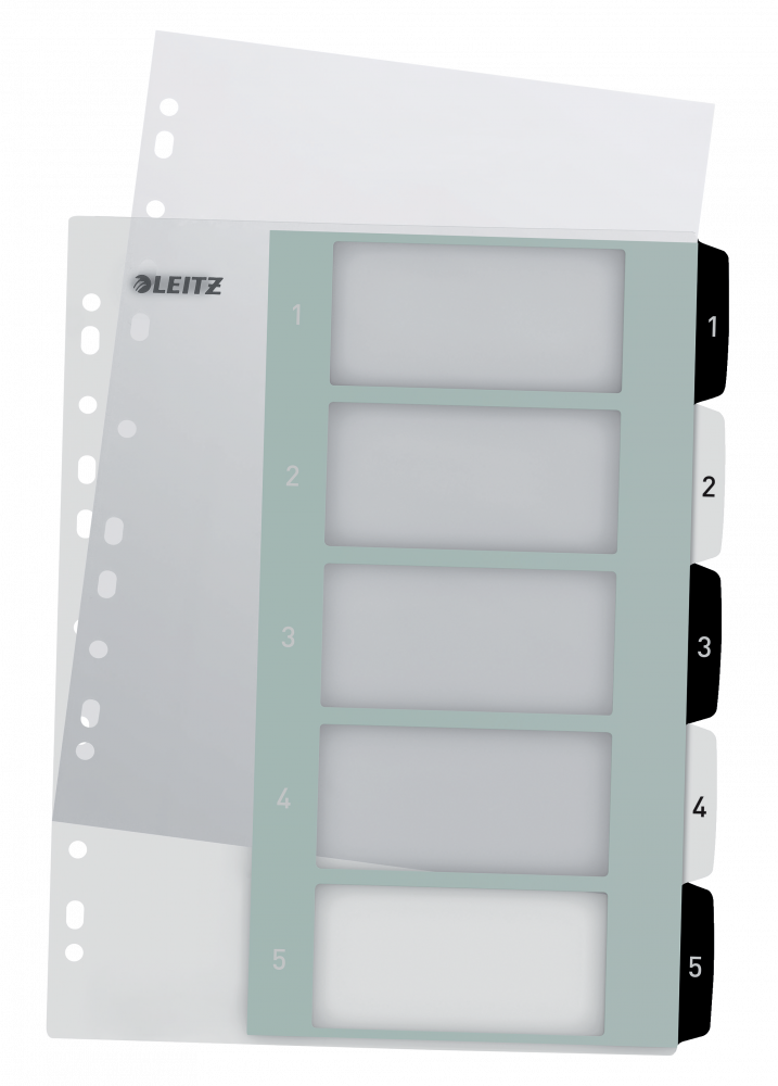 Przekładki do segregatora Leitz Wow, plastikowe, numeryczne, A4+, 1-5 kart, do zadruku, biało-czarny