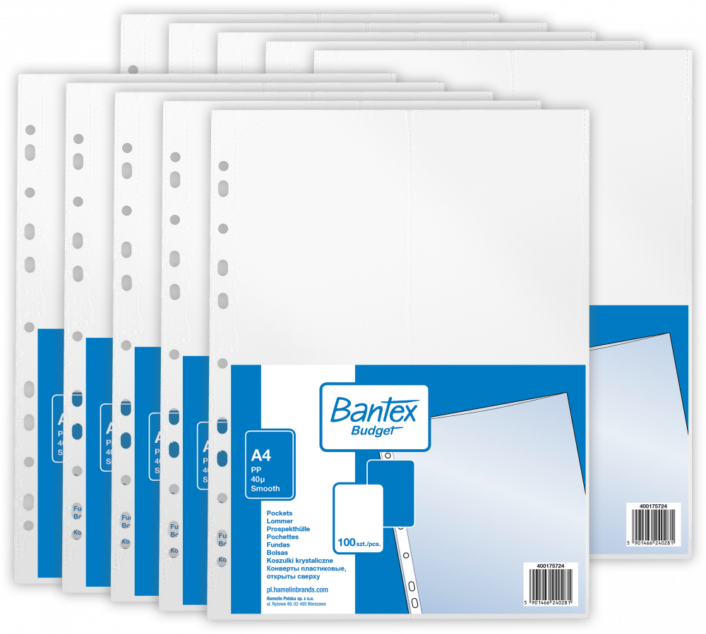 10x Koszulki krystaliczne Bantex Budget, A4, 40μm, 100 sztuk, transparentny