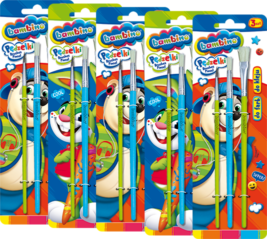 5x Zestaw pędzli Bambino Zwierzaki Uczniaki, do farb i kleju, 3 sztuki, rozmiar 4/8/16