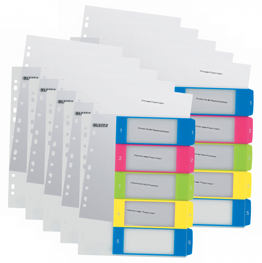 10x Przekładki do segregatora Leitz Wow, plastikowe, numeryczne, do zadruku, A4+, 1-5 kart, mix kolorów