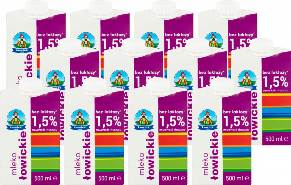 12x Mleko UHT Łowickie Łowicz, bez laktozy, 1.5%, 0.5l