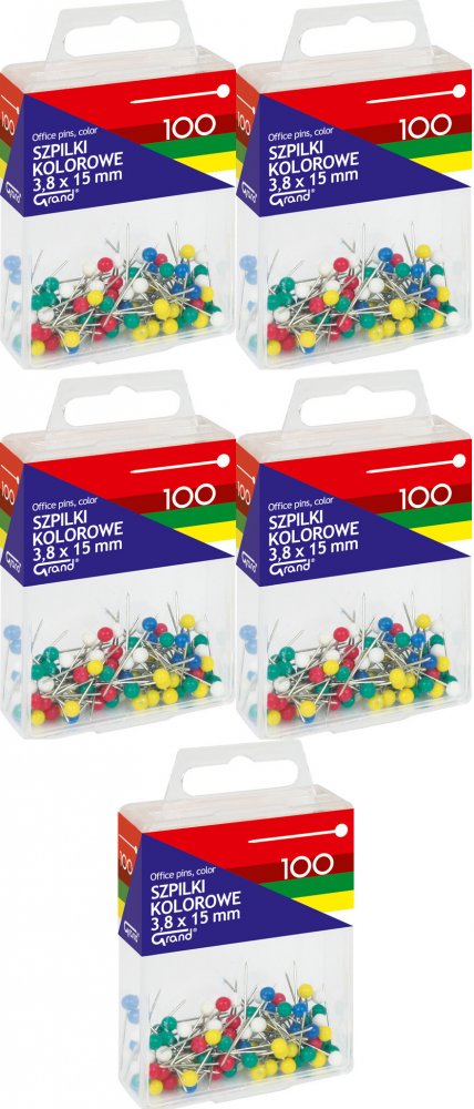 5x Szpilki Grand, w pudełku, 3.8x15mm, 100 sztuk, mix kolorów