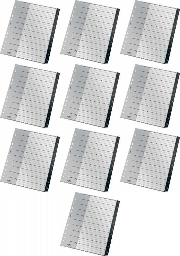 10x Przekładki do segregatora Leitz Recycle, plastikowe, numeryczne, A4 maxi, 1 - 10 kart