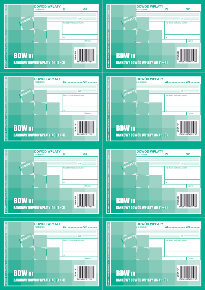 8x Druk akcydensowy Bankowy Dowód Wpłaty Emeko BDW IV druk 757, A6, samokopiujący 1+3, 80k
