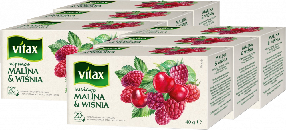 6x Herbata owocowa w torebkach Vitax Inspirations, malina i wiśnia, 20 sztuk x 2g