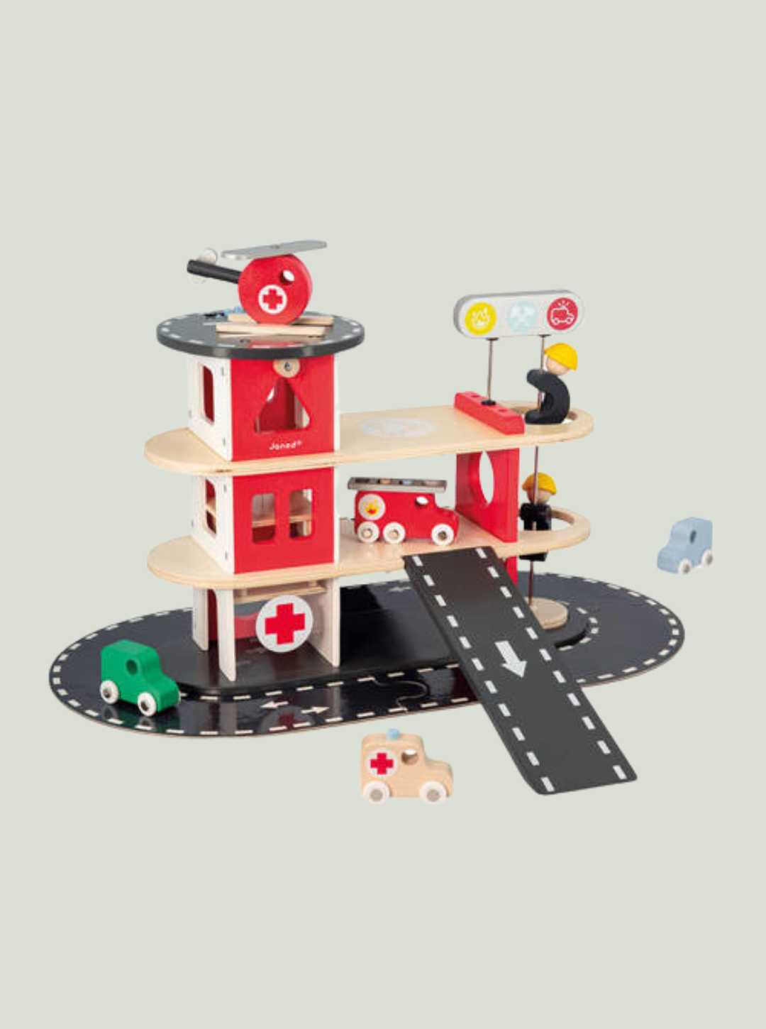 Drewniana remiza strażacka z 5 akcesoriami Bolid 2+ JANOD