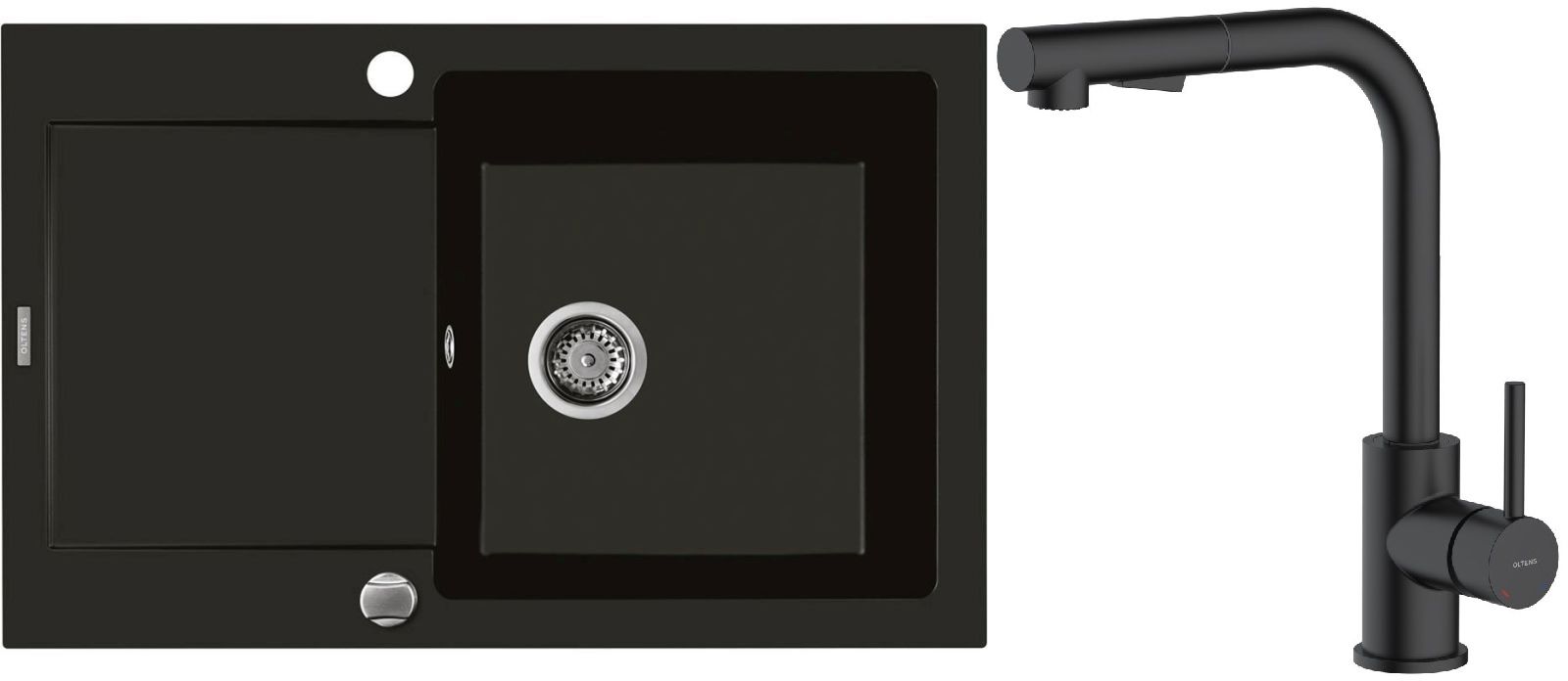 Zestaw Oltens Gravan zlewozmywak granitowy 1-komorowy 79x50 cm z baterią kuchenną Myvat czarny mat (72100300, 35205300) - Wysyłka w 24h