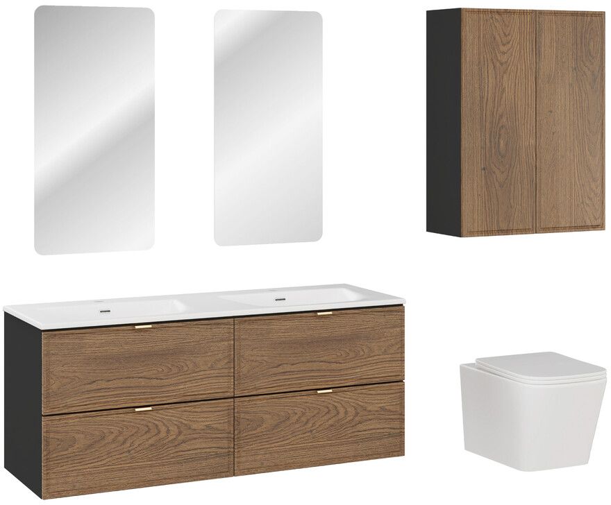 Comad Talia Casella umywalka Sky biała z szafką podumywalkową zestaw 120 cm dąb-czarny z dwoma lustrami, szafkami bocznymi ...
