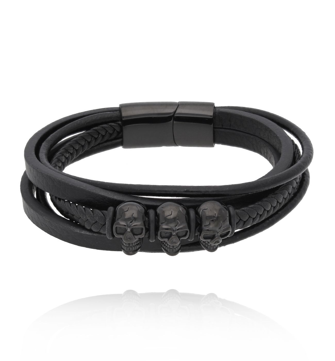 Bransoletka męska skórzana z czaszkami 55 - By Dziubeka