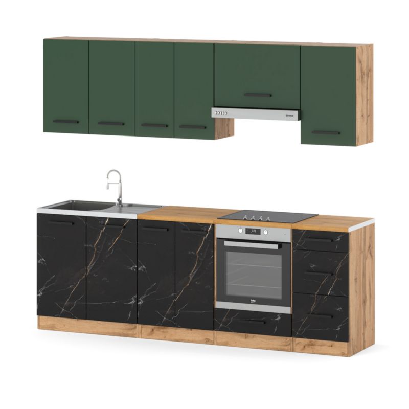 Zestaw Kuchenny Hurtownia-Mebli Z Blatem Kuchnia Mokka Plus 240cm Dąb Wotan Butelkowa Zieleń/San Sebastian 240x47x145 cm 1szt.
