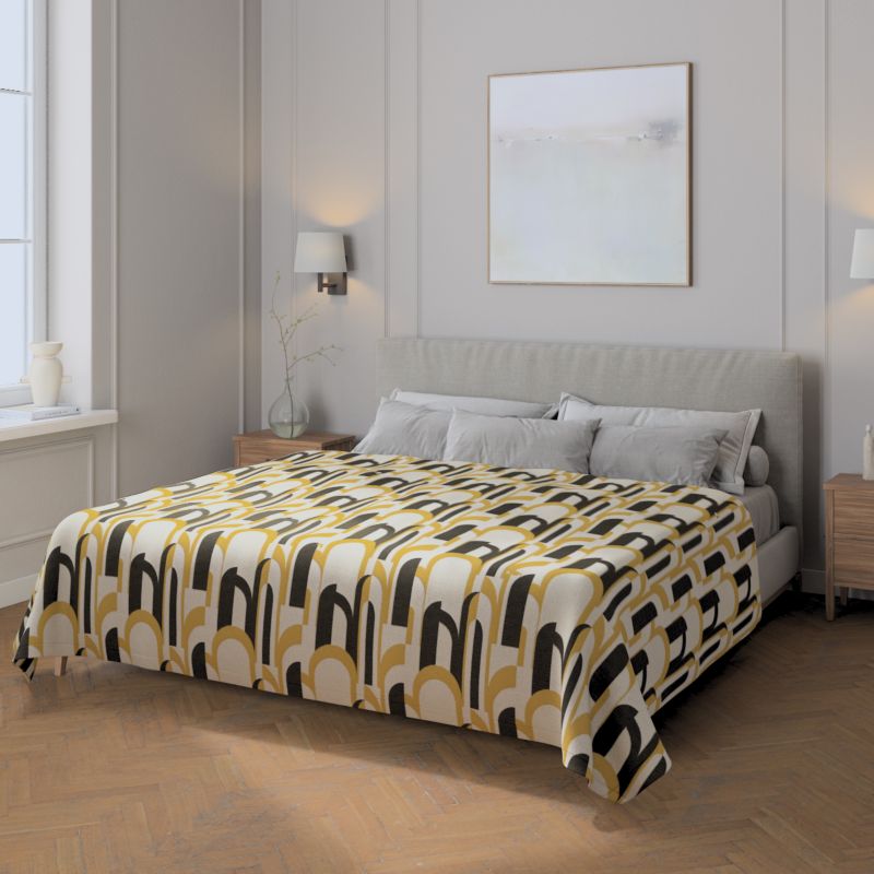 Pled narzuta 220x260cm Dekoria 220x260cm czarno-żółte wzory na kremowym tle 1 szt.