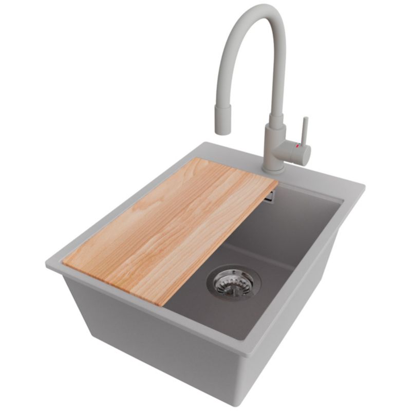 Zlewozmywak Granitowy Oslo PRIMAGRAN Nablatowy 38x50cm do szafki od 40cm, Szary + Bateria 38x14cm + Syfon + Deska, S103, 1 szt.