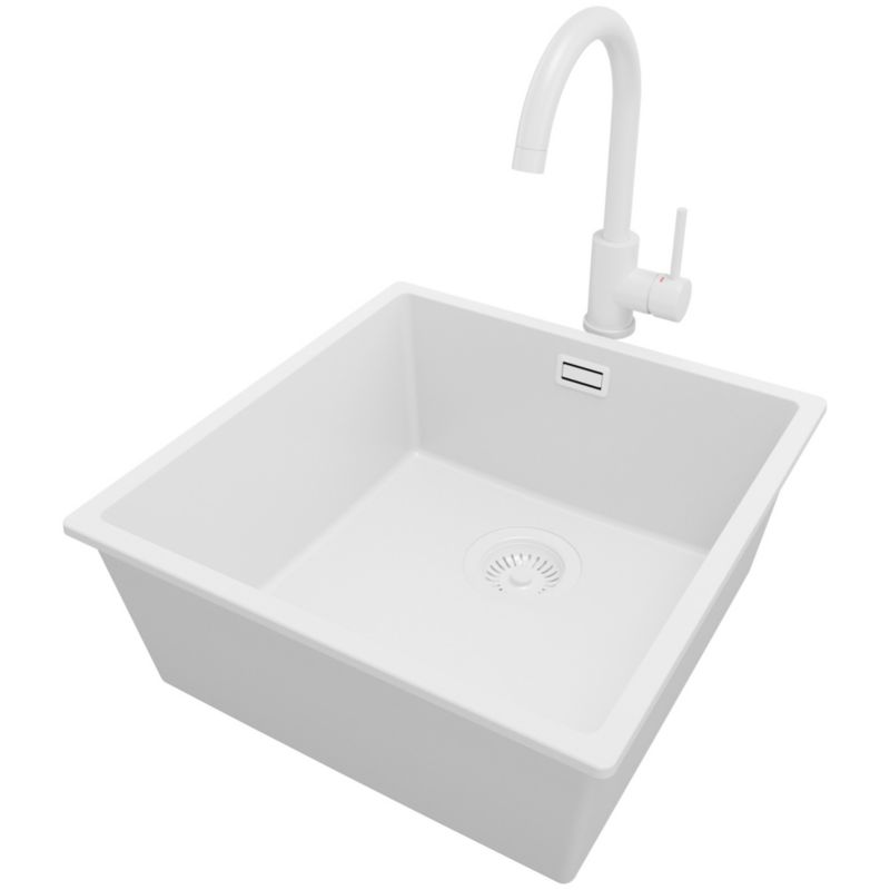 Zlewozmywak Granitowy Londyn Slim PRIMAGRAN Nablatowy 46x47cm do szafki od 50cm, Cały Biały + Bateria + Syfon, S220, 1 szt.