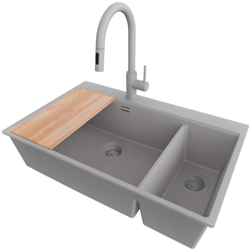 Zlewozmywak Granitowy Oslo Duo PRIMAGRAN Nablatowy 78x50cm do szafki od 80cm, Szary + Bateria + Syfon + Deska, S096, 1 szt.