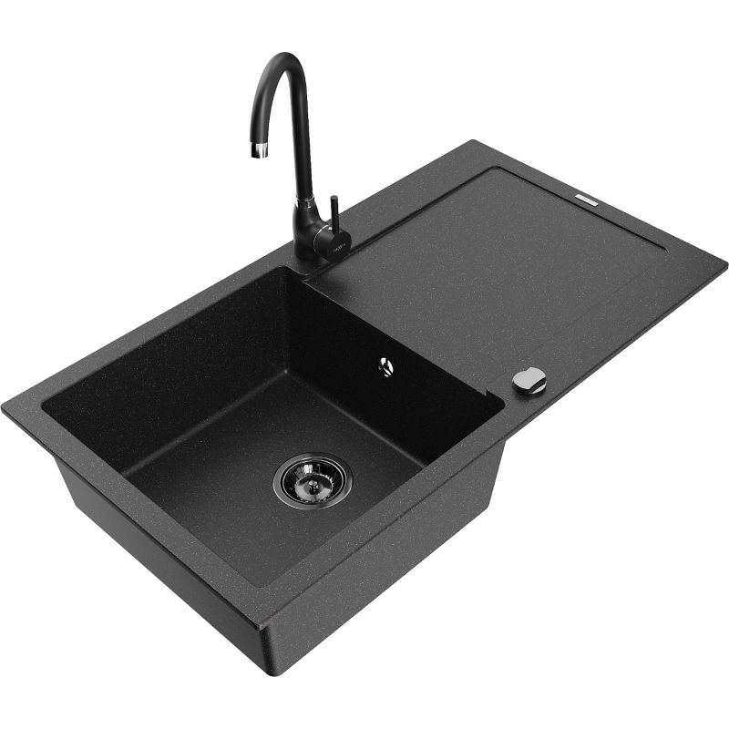 Zlewozmywak granitowy 1-komorowy Mexen Leo z ociekaczem i baterią kuchenną Telma czarny/srebrny metalik 6501-73-670200-70-B