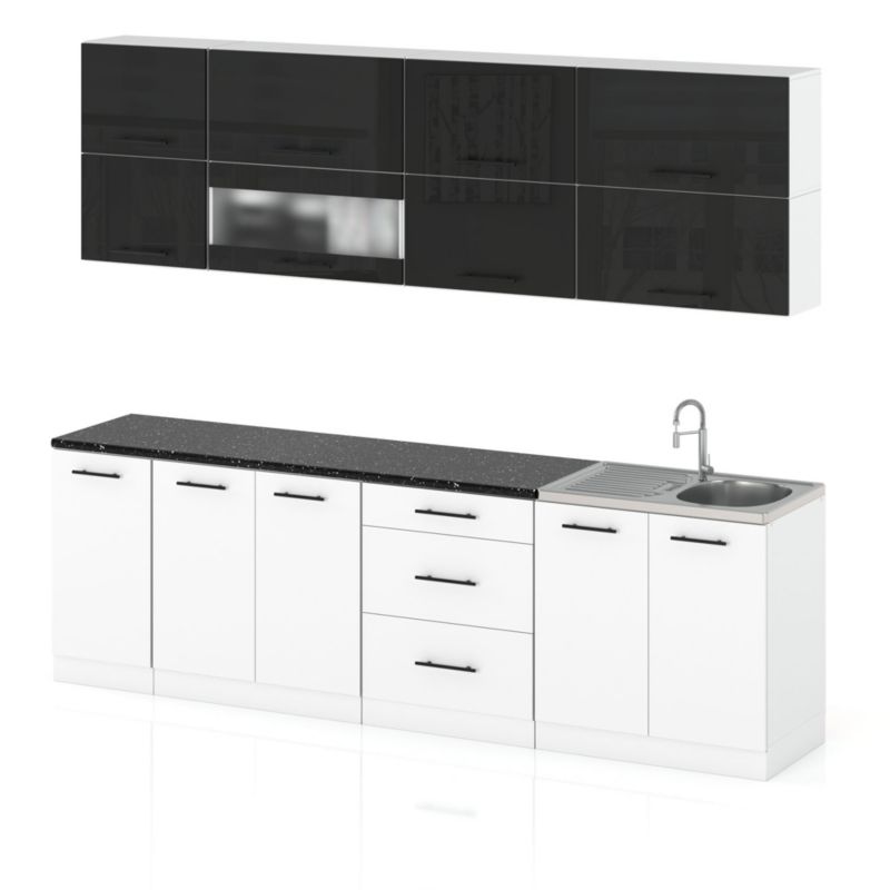 Zestaw Kuchenny Hurtownia-Mebli Z Blatem Kuchnia Robo Lux 260cm Biały Mat Czarny Połysk/Biały Mat 260x52x157 cm 1szt.