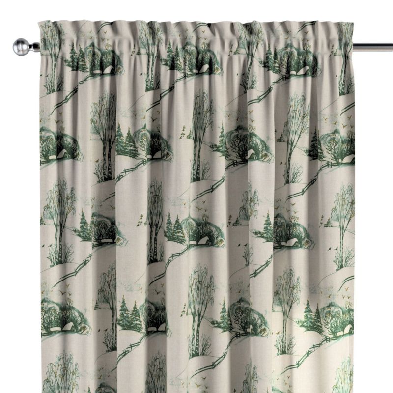 Zasłona na kanale z grzywką 1 szt. 130 x 245 cm Dekoria zielony wzór cottage na beżowym tle 1 szt.