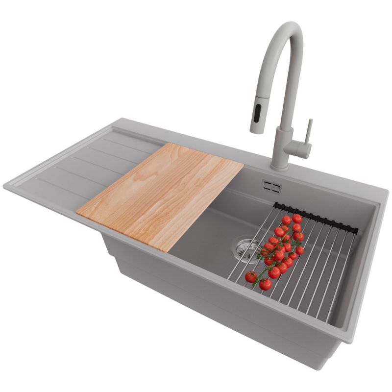 Zlewozmywak Granitowy Sydney PRIMAGRAN Nablatowy 90x50cm do szafki od 60cm, Szary + Bateria + Syfon + Akcesoria, S421, 1 szt.