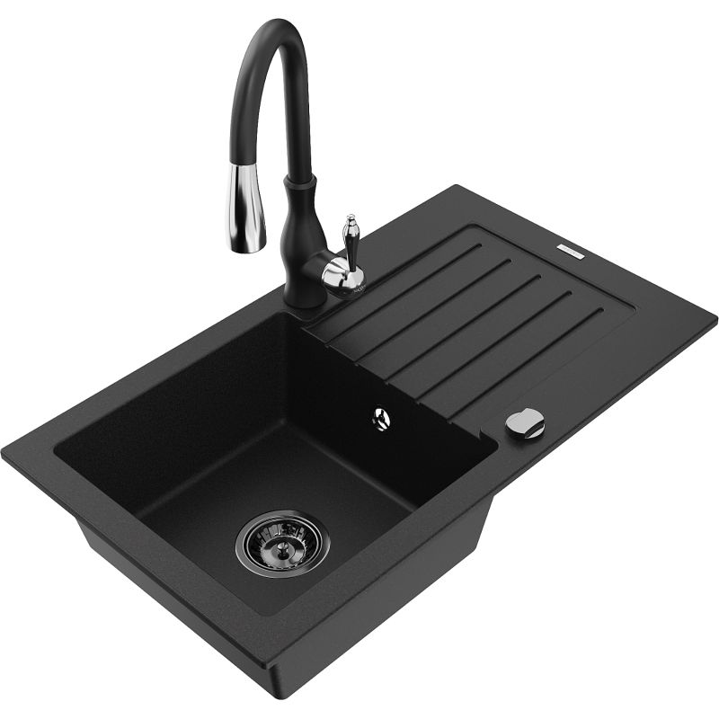 Zlewozmywak granitowy 1-komorowy Mexen Pablo z ociekaczem i baterią kuchenną Savita czarny 6510-77-672601-70-B