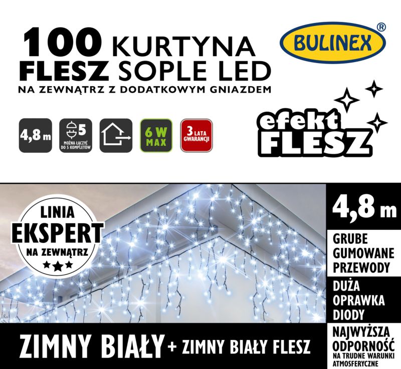 Kurtyna zewnętrzna 100 LED Bulinex sople flesz 4,8 m z dodatkowym gniazdem zimna biała