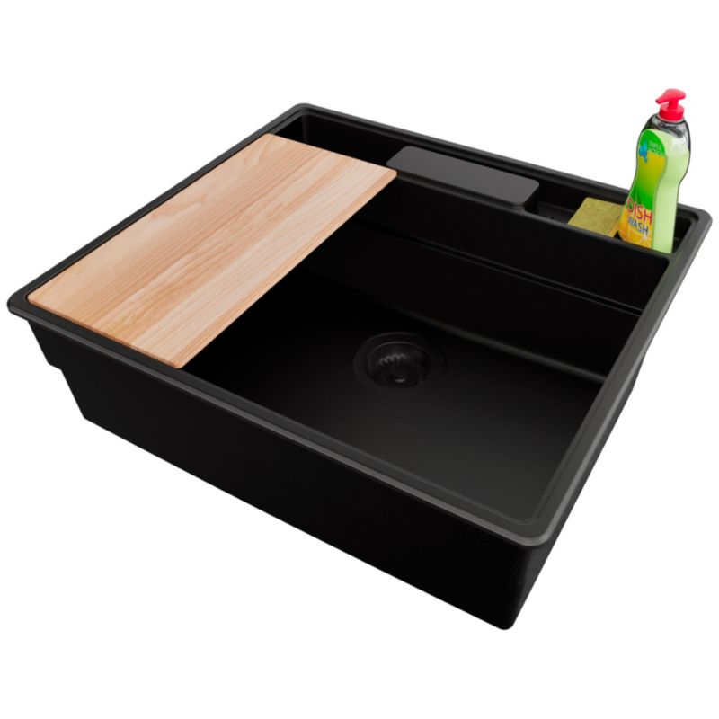 Zlewozmywak Nowy Jork PRIMAGRAN Nablatowy 58x53cm do szafki od 60cm, Cały Czarny + Syfon + Akcesoria, S053, 1 szt.