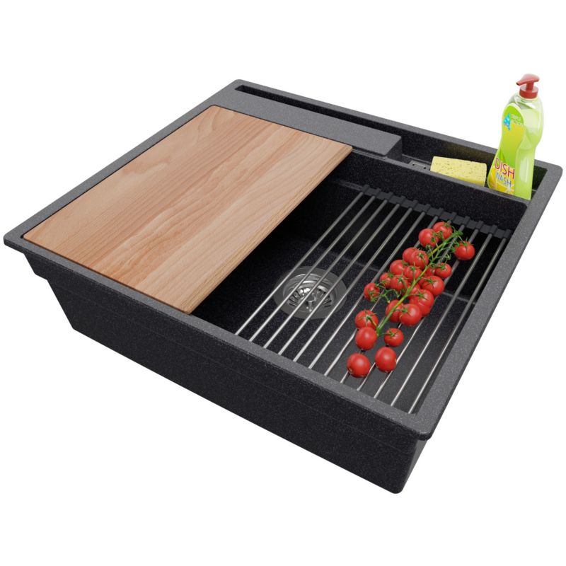 Zlewozmywak Oslo Pocket PRIMAGRAN Nablatowy 58x53cm do szafki od 60cm, Grafitowy + Syfon + Akcesoria, S277, 1 szt.