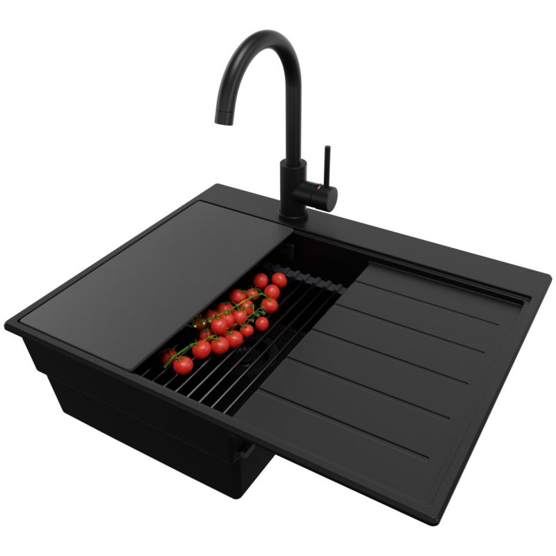 Zlewozmywak Granitowy Sydney PRIMAGRAN Nablatowy 62x50cm, Cały Czarny + Bateria + Syfon + Akcesorium, S094, 1 szt.