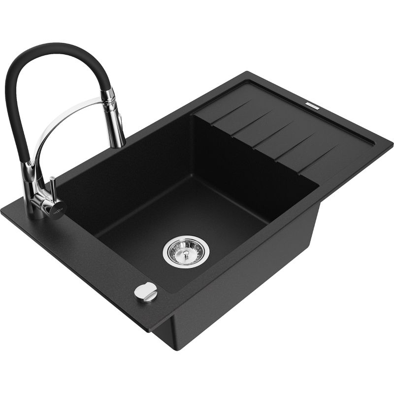 Zlewozmywak granitowy 1-komorowy Mexen Elias z ociekaczem i baterią kuchenną Aster czarny 6511-77-73450-07